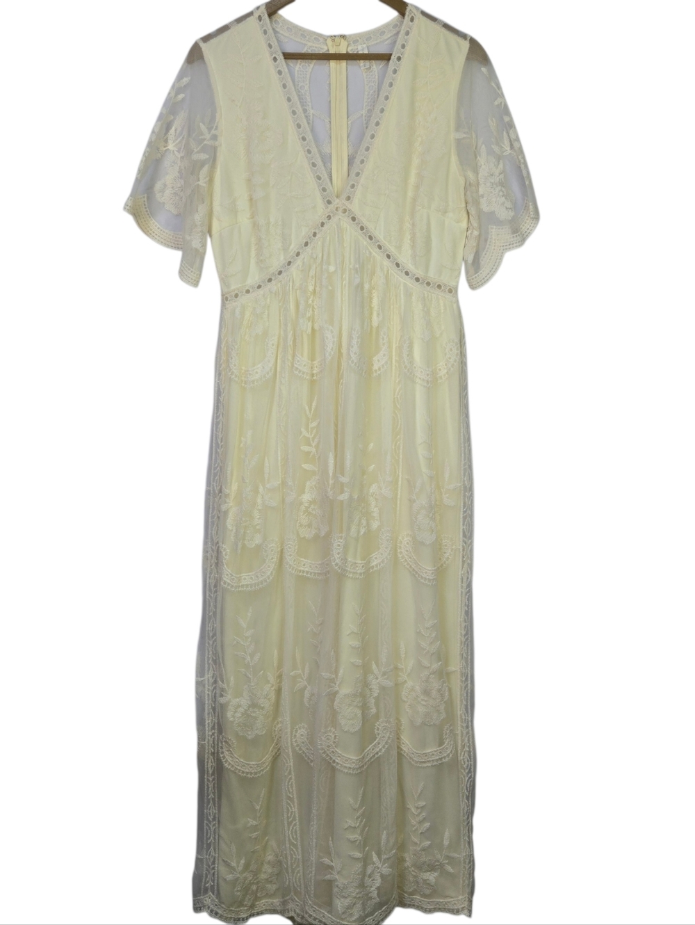 Pinkblush Size L Ivory Lace Victorian Deep V, Zipper Back Maxi Dress